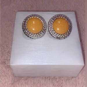 Silver-Tone Rope Frame Earrings with Mustard Yellow Cabochon